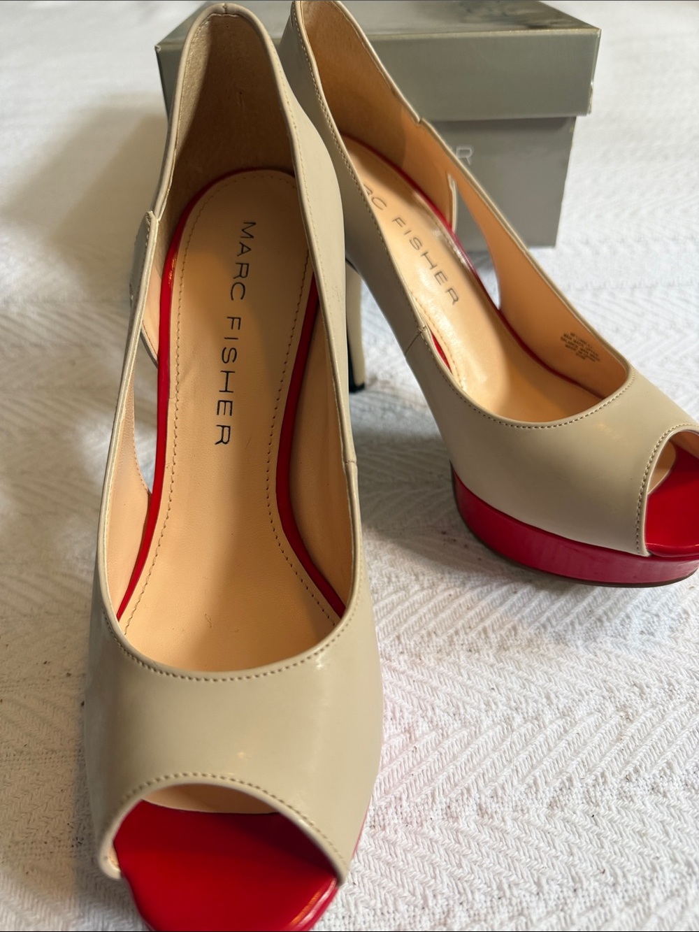 Vtg Marc Fisher Cream Peep-Toe Heels with Red Platform